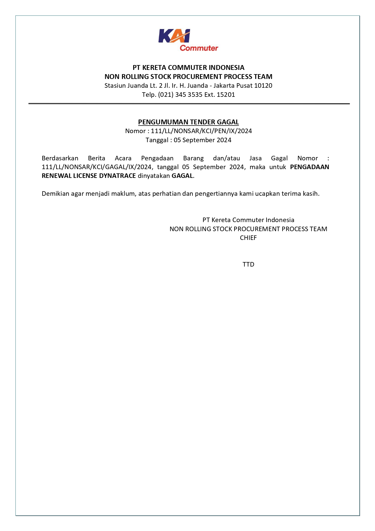 6 pengumuman tender gagal 111 pengadaan renewal license dynatrace page 0001